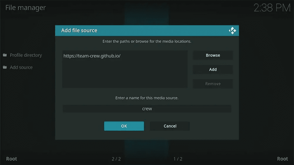 Add the file source in Kodi for The Crew Repository