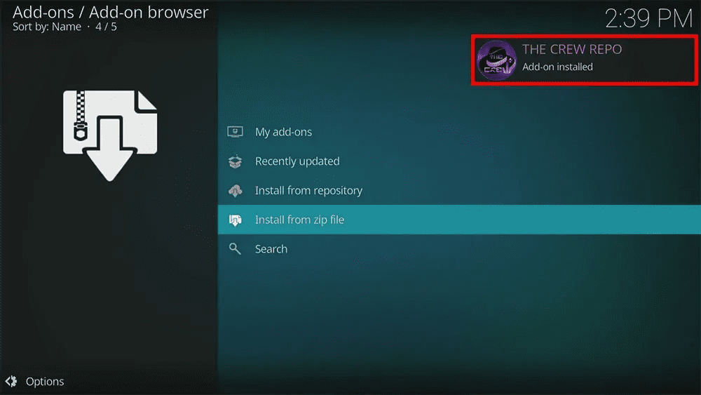 In Kodi, this message shows that The Crew Repo is successfully installed