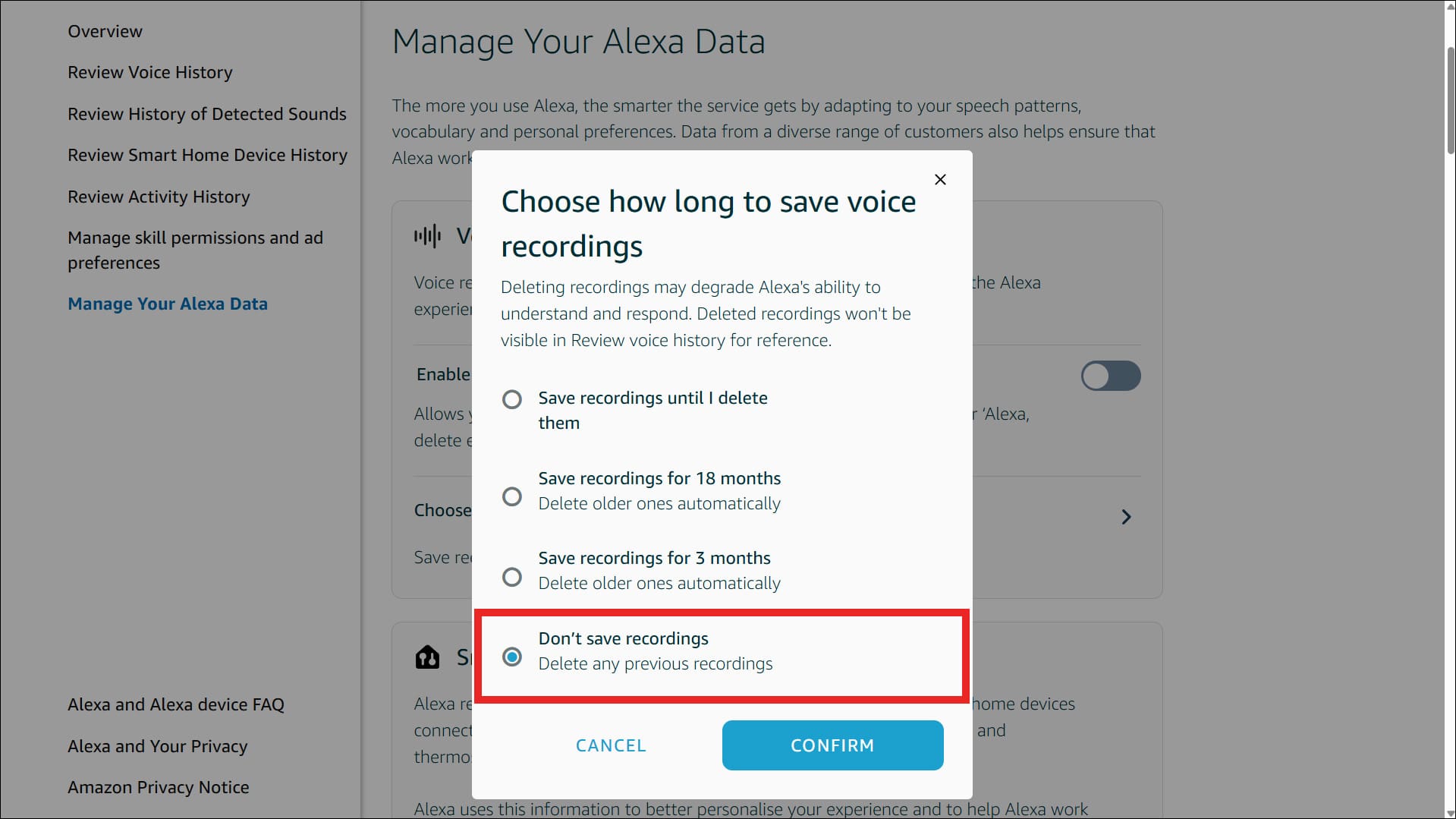 Delete all precious recordings and don't save any future ones when you turn off Fire TV voice tracking