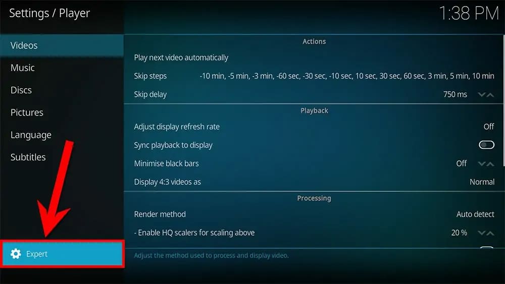 When resolving buffering an freezing issues in Kodi, change player settings to see the expert options