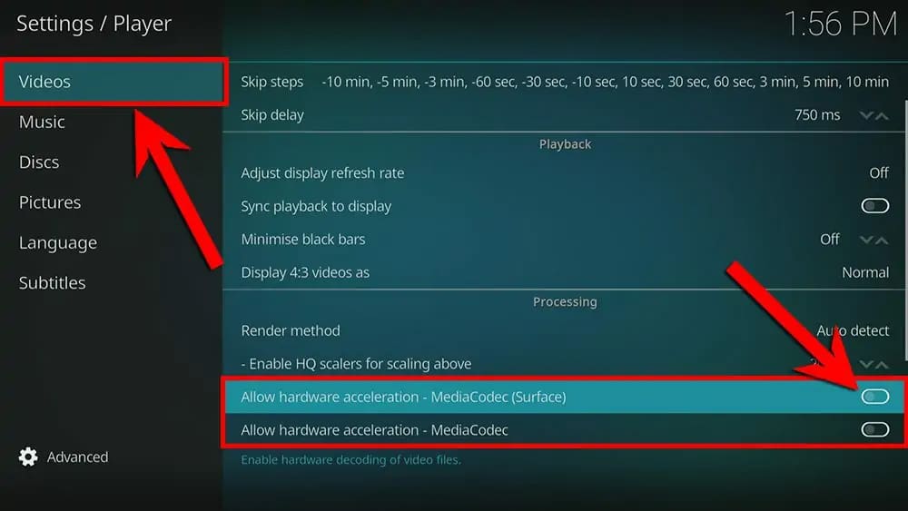 Disable all hardware acceleration options in the Kodi Player settings to fix buffering and freezing