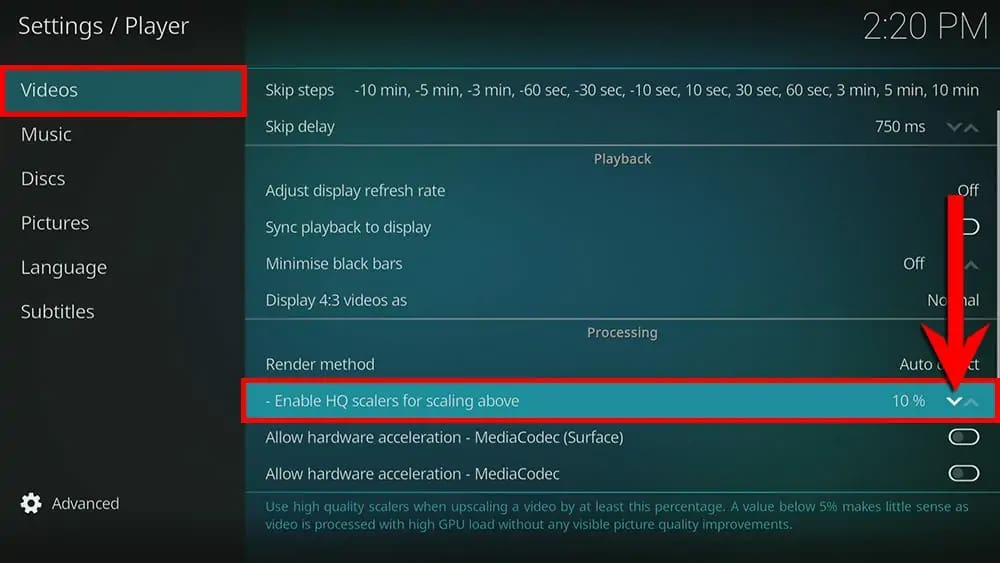 Reduce HQ scalers in Kodi to help fix buffering and freezing issues