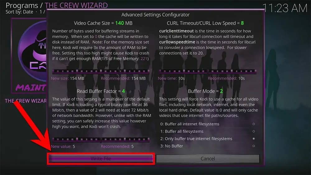 In Kodi, use The Crew Wizard to configure settings and fix Kodi freezing and buffering