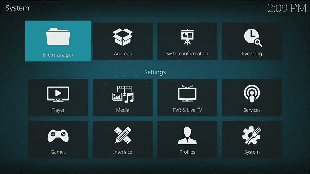 Open the Kodi File Manager menu option