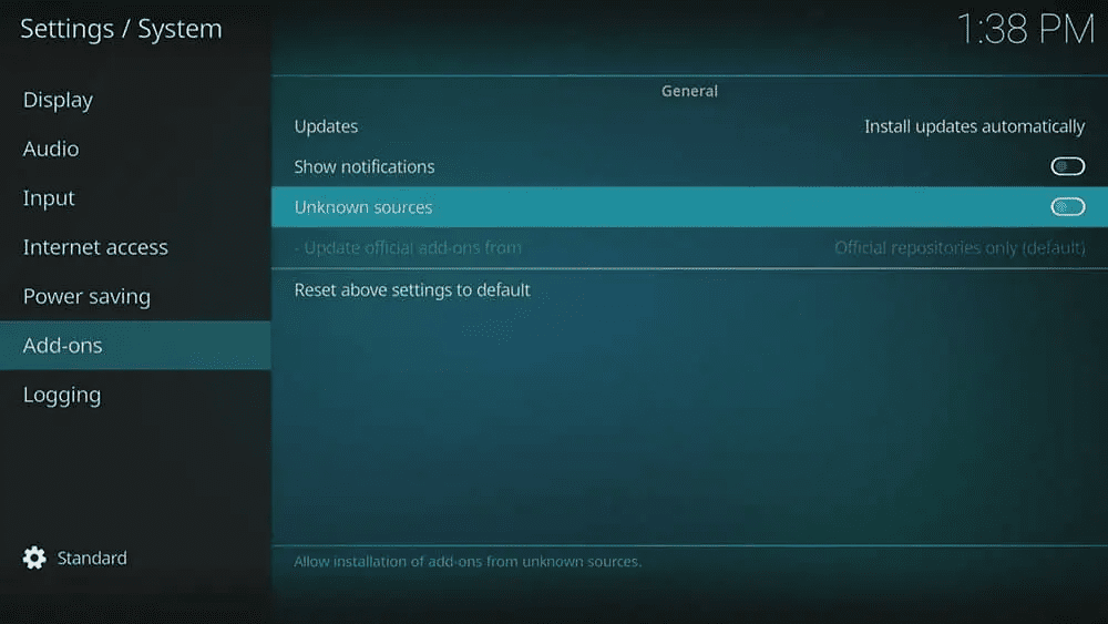 Enable unknown sources in Kodi to install community add-ons